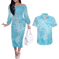 Aotearoa Maori Koru Curves Couples Matching Off The Shoulder Long Sleeve Dress and Hawaiian Shirt Silver Ferns - Turquoise