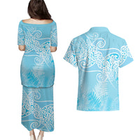 Aotearoa Maori Koru Curves Couples Matching Puletasi and Hawaiian Shirt Silver Ferns - Turquoise