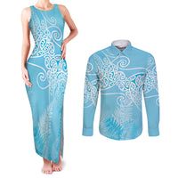 Aotearoa Maori Koru Curves Couples Matching Tank Maxi Dress and Long Sleeve Button Shirt Silver Ferns - Turquoise