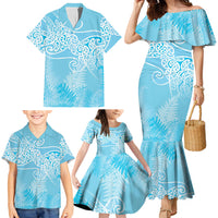 Aotearoa Maori Koru Curves Family Matching Mermaid Dress and Hawaiian Shirt Silver Ferns - Turquoise