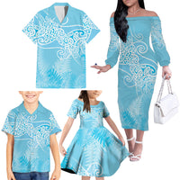 Aotearoa Maori Koru Curves Family Matching Off The Shoulder Long Sleeve Dress and Hawaiian Shirt Silver Ferns - Turquoise