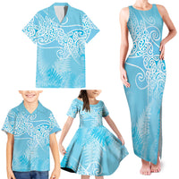 Aotearoa Maori Koru Curves Family Matching Tank Maxi Dress and Hawaiian Shirt Silver Ferns - Turquoise