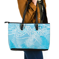 Aotearoa Maori Koru Curves Leather Tote Bag Silver Ferns - Turquoise