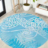 Aotearoa Maori Koru Curves Round Carpet Silver Ferns - Turquoise