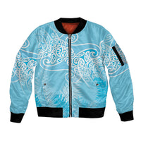 Aotearoa Maori Koru Curves Sleeve Zip Bomber Jacket Silver Ferns - Turquoise