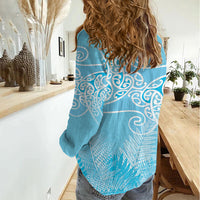 Aotearoa Maori Koru Curves Women Casual Shirt Silver Ferns - Turquoise