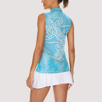 Aotearoa Maori Koru Curves Women Sleeveless Polo Shirt Silver Ferns - Turquoise