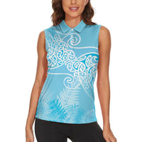 Aotearoa Maori Koru Curves Women Sleeveless Polo Shirt Silver Ferns - Turquoise