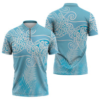 Aotearoa Maori Koru Curves Zipper Polo Shirt Silver Ferns - Turquoise