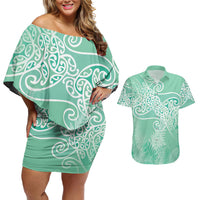 Aotearoa Maori Koru Curves Couples Matching Off Shoulder Short Dress and Hawaiian Shirt Silver Ferns - Mint