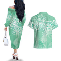Aotearoa Maori Koru Curves Couples Matching Off The Shoulder Long Sleeve Dress and Hawaiian Shirt Silver Ferns - Mint