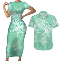 Aotearoa Maori Koru Curves Couples Matching Short Sleeve Bodycon Dress and Hawaiian Shirt Silver Ferns - Mint