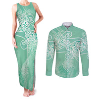Aotearoa Maori Koru Curves Couples Matching Tank Maxi Dress and Long Sleeve Button Shirt Silver Ferns - Mint LT7 Mint Green - Polynesian Pride