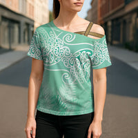 Aotearoa Maori Koru Curves Cross Shoulder Shirt Silver Ferns - Mint