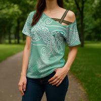 Aotearoa Maori Koru Curves Cross Shoulder Shirt Silver Ferns - Mint