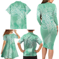 Aotearoa Maori Koru Curves Family Matching Long Sleeve Bodycon Dress and Hawaiian Shirt Silver Ferns - Mint LT7 - Polynesian Pride