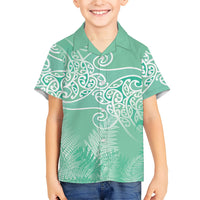 Aotearoa Maori Koru Curves Family Matching Long Sleeve Bodycon Dress and Hawaiian Shirt Silver Ferns - Mint LT7 Son's Shirt Mint Green - Polynesian Pride