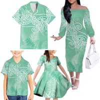 Aotearoa Maori Koru Curves Family Matching Off The Shoulder Long Sleeve Dress and Hawaiian Shirt Silver Ferns - Mint