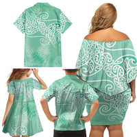 Aotearoa Maori Koru Curves Family Matching Off Shoulder Short Dress and Hawaiian Shirt Silver Ferns - Mint