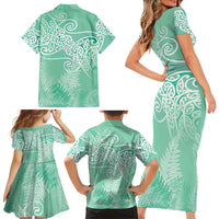 Aotearoa Maori Koru Curves Family Matching Short Sleeve Bodycon Dress and Hawaiian Shirt Silver Ferns - Mint