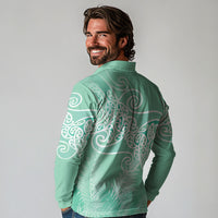 Aotearoa Maori Koru Curves Long Sleeve Polo Shirt Silver Ferns - Mint