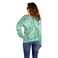 Aotearoa Maori Koru Curves Off Shoulder Sweater Silver Ferns - Mint