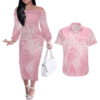 Aotearoa Maori Koru Curves Couples Matching Off The Shoulder Long Sleeve Dress and Hawaiian Shirt Silver Ferns - Rose Pink