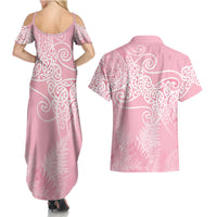 Aotearoa Maori Koru Curves Couples Matching Summer Maxi Dress and Hawaiian Shirt Silver Ferns - Rose Pink