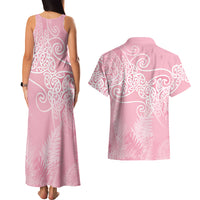 Aotearoa Maori Koru Curves Couples Matching Tank Maxi Dress and Hawaiian Shirt Silver Ferns - Rose Pink