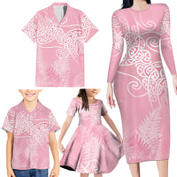 Aotearoa Maori Koru Curves Family Matching Long Sleeve Bodycon Dress and Hawaiian Shirt Silver Ferns - Rose Pink