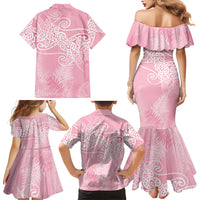 Aotearoa Maori Koru Curves Family Matching Mermaid Dress and Hawaiian Shirt Silver Ferns - Rose Pink