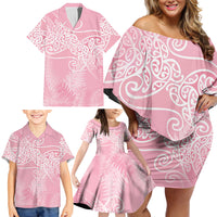 Aotearoa Maori Koru Curves Family Matching Off Shoulder Short Dress and Hawaiian Shirt Silver Ferns - Rose Pink