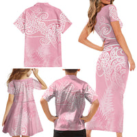Aotearoa Maori Koru Curves Family Matching Short Sleeve Bodycon Dress and Hawaiian Shirt Silver Ferns - Rose Pink