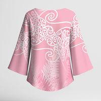 Aotearoa Maori Koru Curves Kimono Sleeve Blouse Silver Ferns - Rose Pink