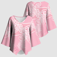 Aotearoa Maori Koru Curves Kimono Sleeve Blouse Silver Ferns - Rose Pink