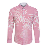 Aotearoa Maori Koru Curves Long Sleeve Button Shirt Silver Ferns - Rose Pink LT7 Unisex Pink - Polynesian Pride