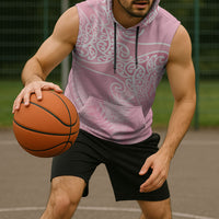 Aotearoa Maori Koru Curves Sleeveless Hoodie Silver Ferns - Rose Pink