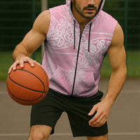 Aotearoa Maori Koru Curves Sleeveless Zip Hoodie Silver Ferns - Rose Pink
