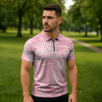 Aotearoa Maori Koru Curves Zipper Polo Shirt Silver Ferns - Rose Pink