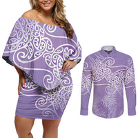 Aotearoa Maori Koru Curves Couples Matching Off Shoulder Short Dress and Long Sleeve Button Shirt Silver Ferns - Amethyst