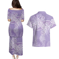 Aotearoa Maori Koru Curves Couples Matching Puletasi and Hawaiian Shirt Silver Ferns - Amethyst
