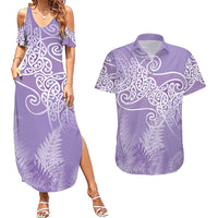 Aotearoa Maori Koru Curves Couples Matching Summer Maxi Dress and Hawaiian Shirt Silver Ferns - Amethyst