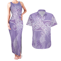 Aotearoa Maori Koru Curves Couples Matching Tank Maxi Dress and Hawaiian Shirt Silver Ferns - Amethyst