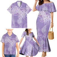 Aotearoa Maori Koru Curves Family Matching Mermaid Dress and Hawaiian Shirt Silver Ferns - Amethyst