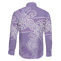 Aotearoa Maori Koru Curves Family Matching Off The Shoulder Long Sleeve Dress and Hawaiian Shirt Silver Ferns - Amethyst