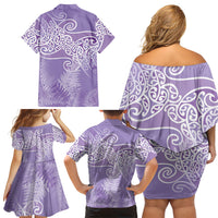 Aotearoa Maori Koru Curves Family Matching Off Shoulder Short Dress and Hawaiian Shirt Silver Ferns - Amethyst