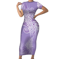 Aotearoa Maori Koru Curves Family Matching Short Sleeve Bodycon Dress and Hawaiian Shirt Silver Ferns - Amethyst