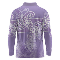 Aotearoa Maori Koru Curves Long Sleeve Polo Shirt Silver Ferns - Amethyst LT7 - Polynesian Pride