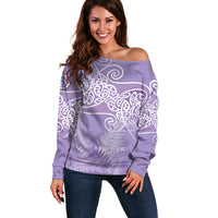 Aotearoa Maori Koru Curves Off Shoulder Sweater Silver Ferns - Amethyst