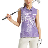 Aotearoa Maori Koru Curves Women Sleeveless Polo Shirt Silver Ferns - Amethyst